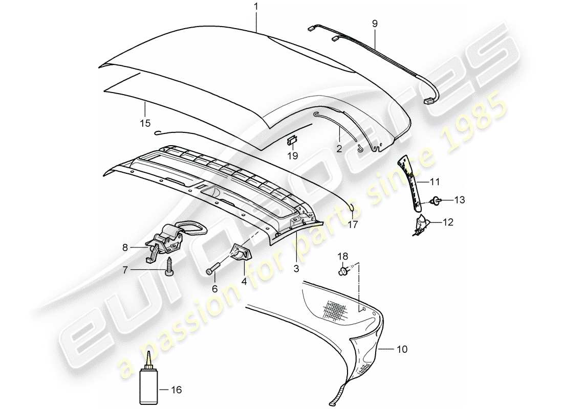 porsche 2005 (987 boxster) cubierta de capota convertible diagrama de piezas
