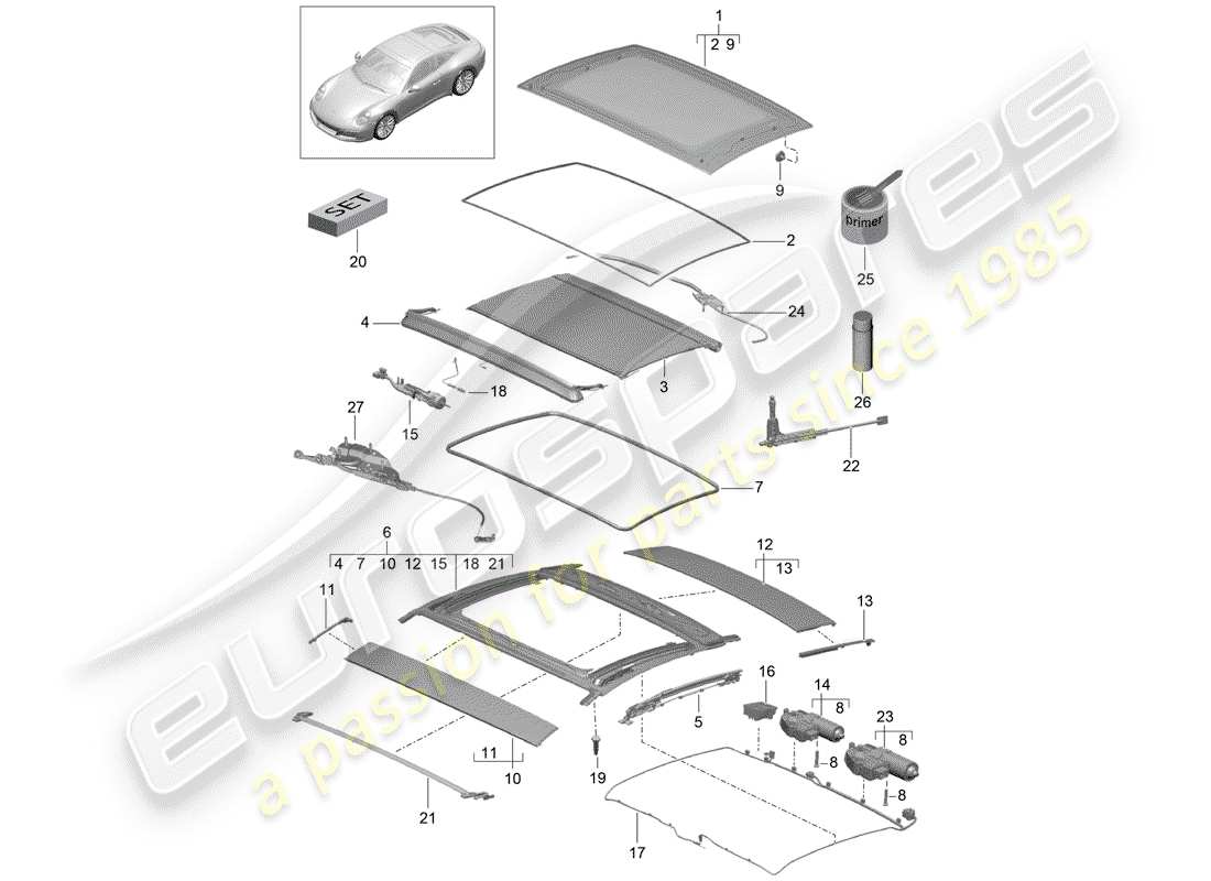 porsche 2017 (991-2) diagrama de piezas del techo de cristal