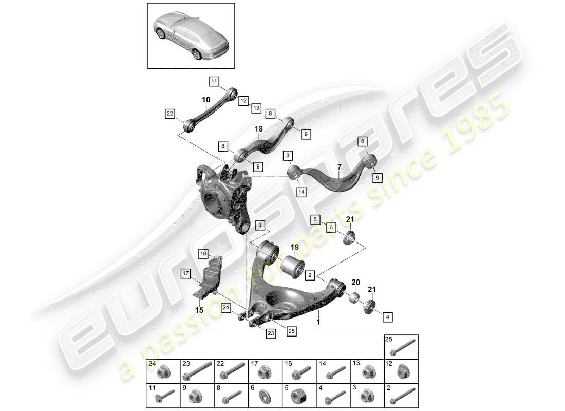 porsche 2020 (panamera 971-1) brazo de control de oruga diagrama de piezas