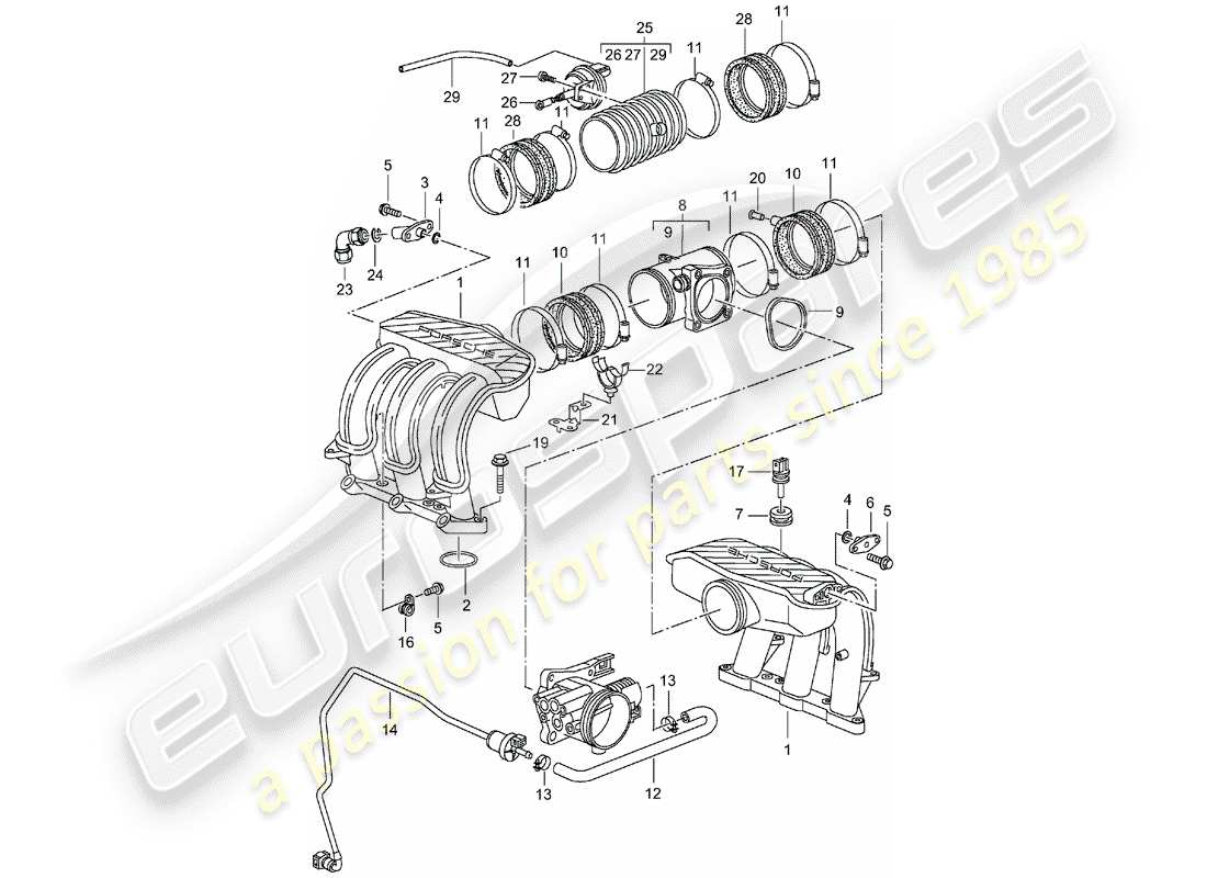 porsche 2001 (986 boxster) diagrama de piezas del distribuidor de aire de admisión