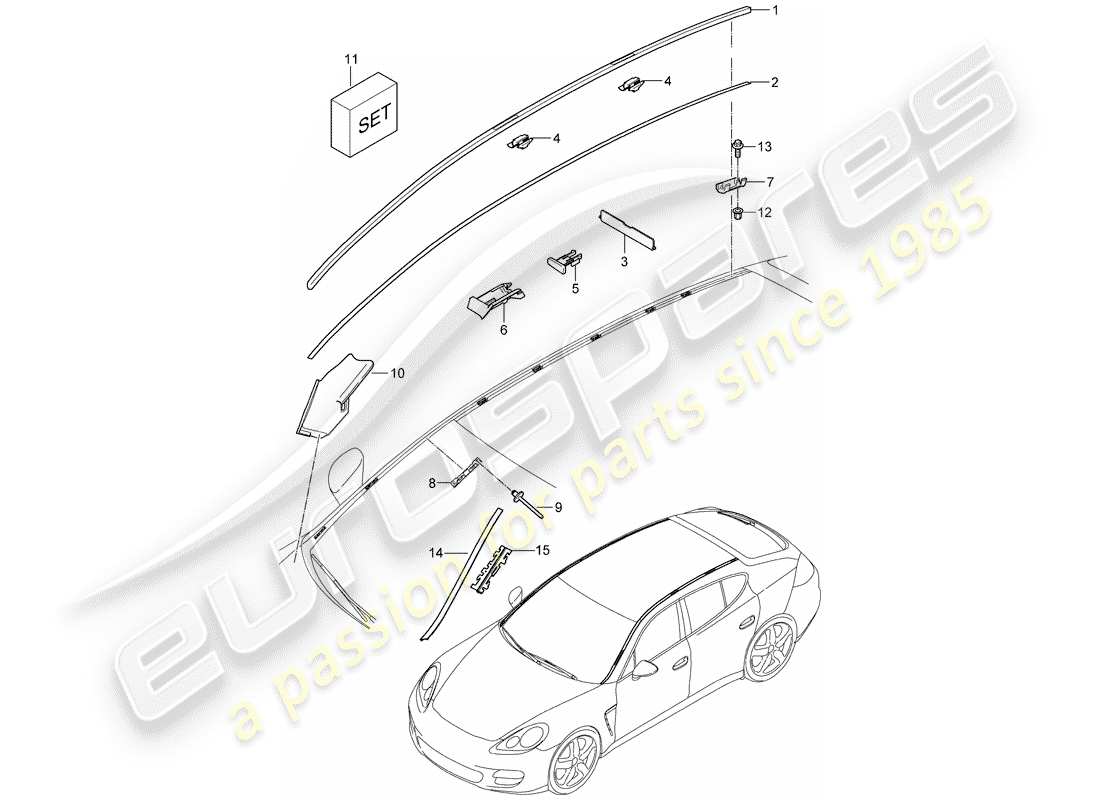 porsche 2011 (panamera 970) diagrama de piezas de la tira del borde del techo