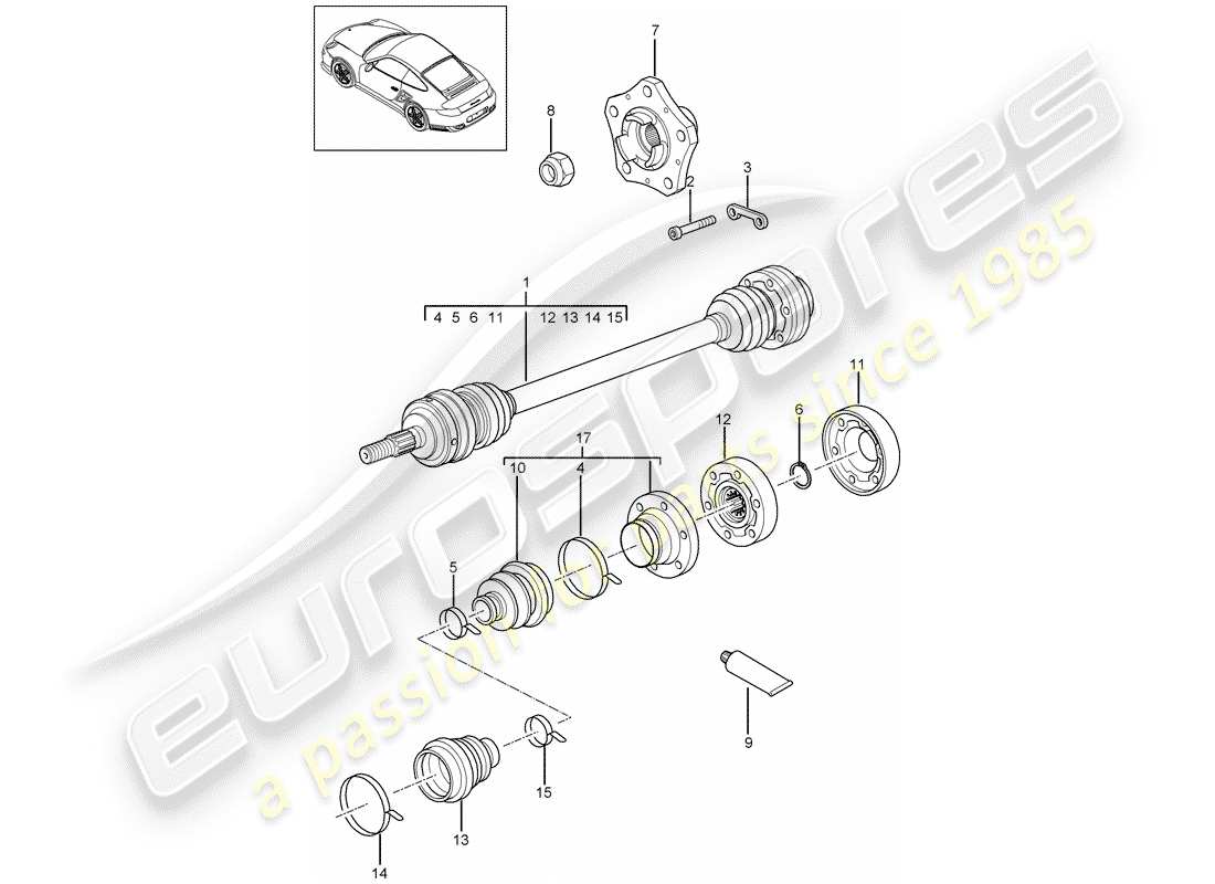 porsche 2011 (997-2 turbo / gt2 rs) eje de accionamiento diagrama de piezas
