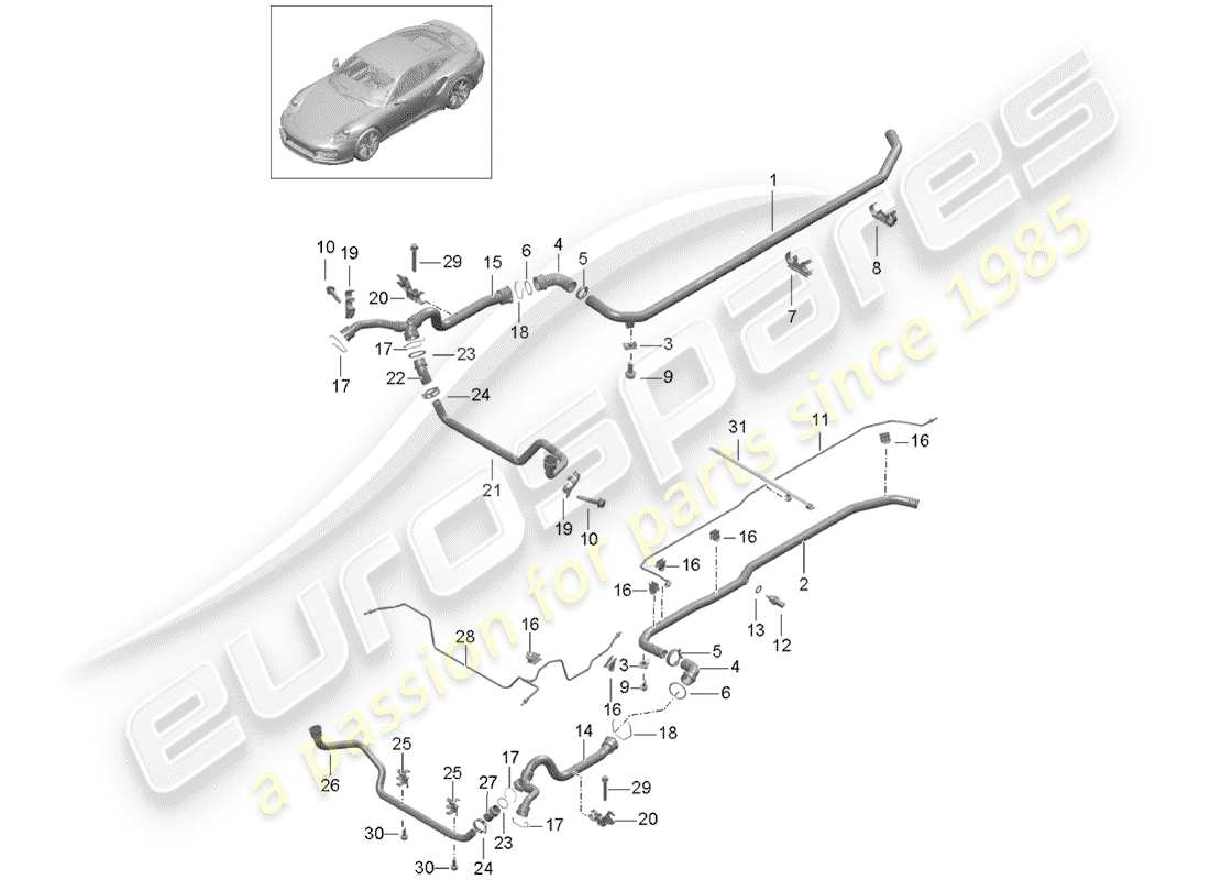 porsche 2016 (991-1 turbo) diagrama de piezas de refrigeración por agua