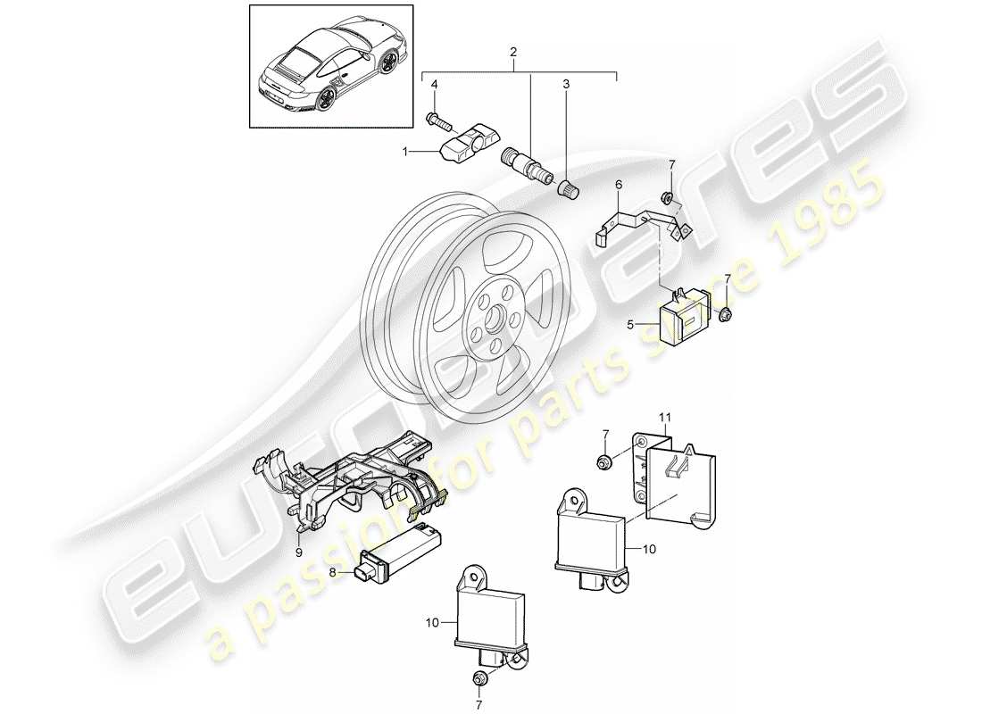 porsche 2011 (997-2 turbo / gt2 rs) sistema de control de presión de neumáticos diagrama de piezas