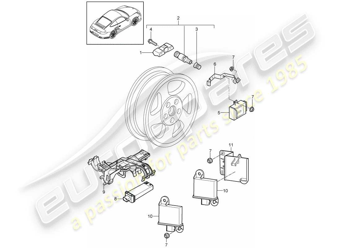 porsche 911 t/gt2rs (2011) sistema de control de presión de neumáticos diagrama de piezas