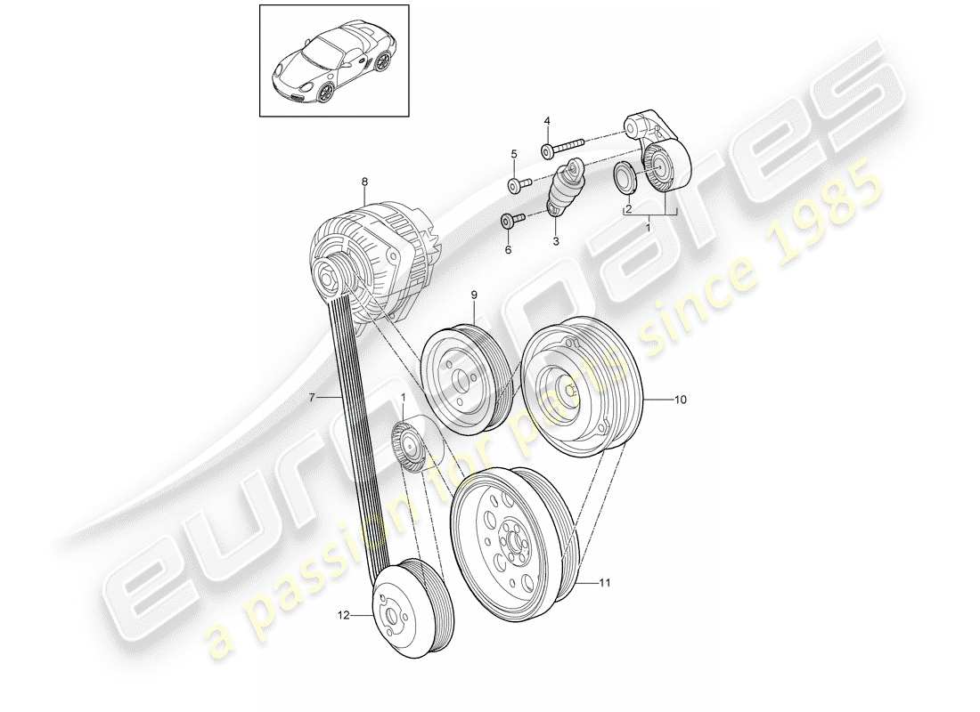 porsche 2010 (987 boxster) diagrama de pieza del tensor de correa