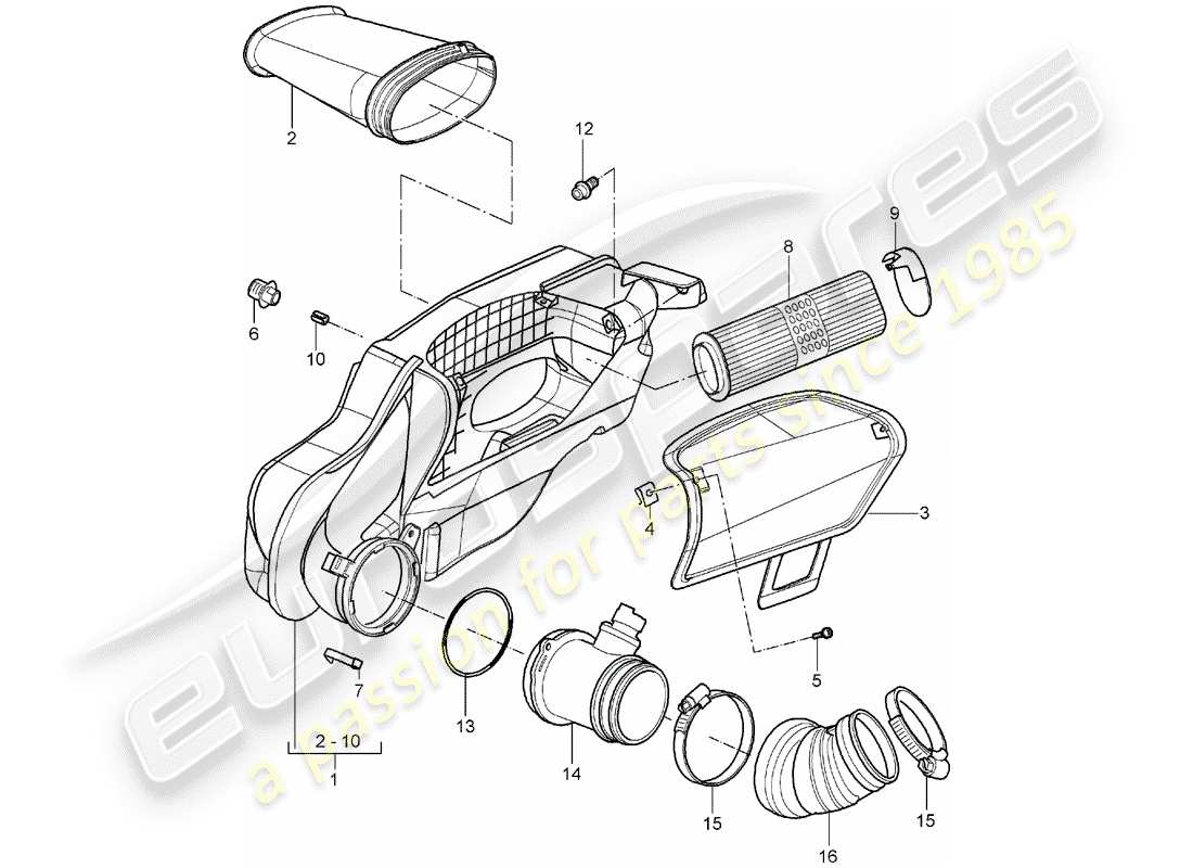 porsche 2005 (987 boxster) diagrama de piezas del limpiador de aire