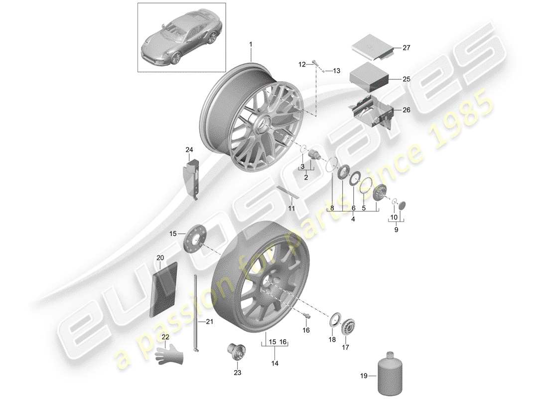 porsche 2015 (991-1 turbo) llanta de aleación con diagrama de piezas
