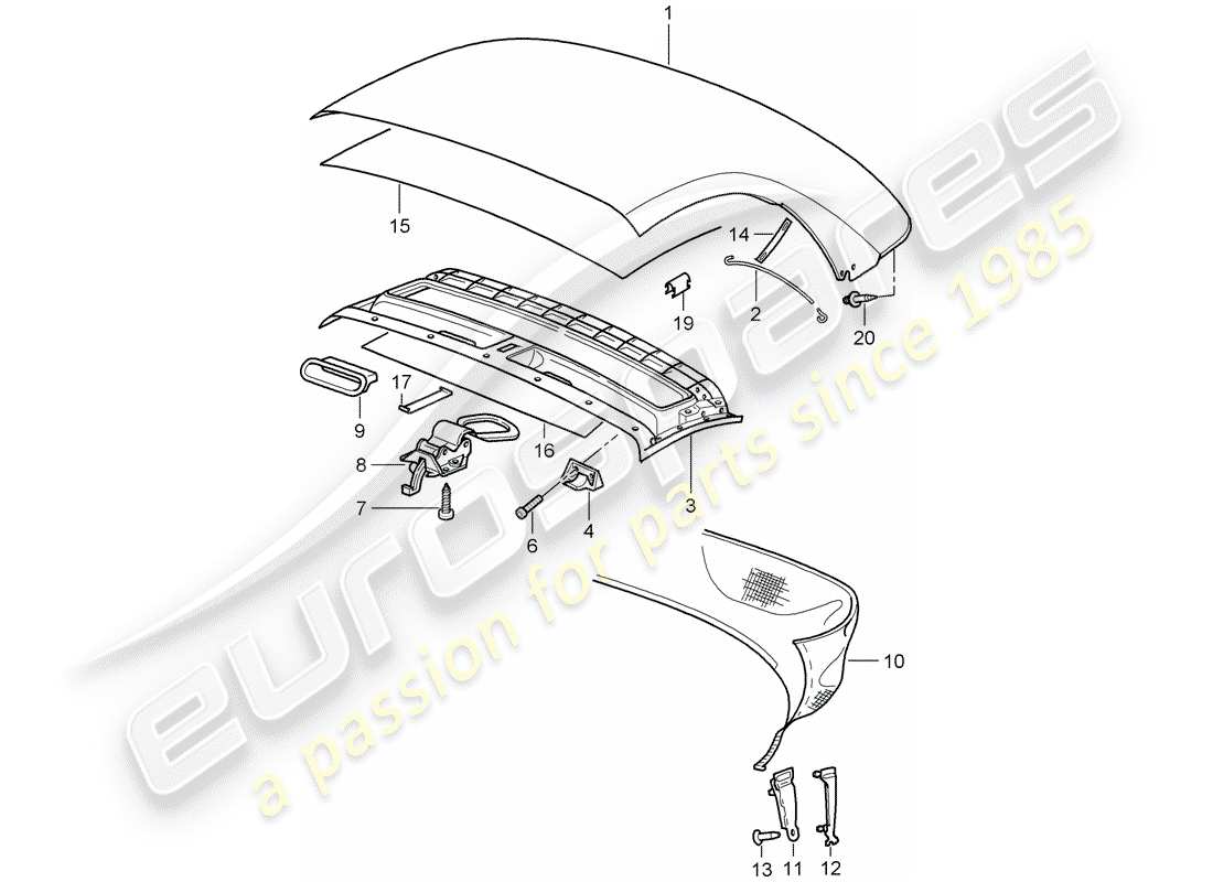 porsche 2000 (986 boxster) cubierta superior convertible - diagrama de piezas del techo