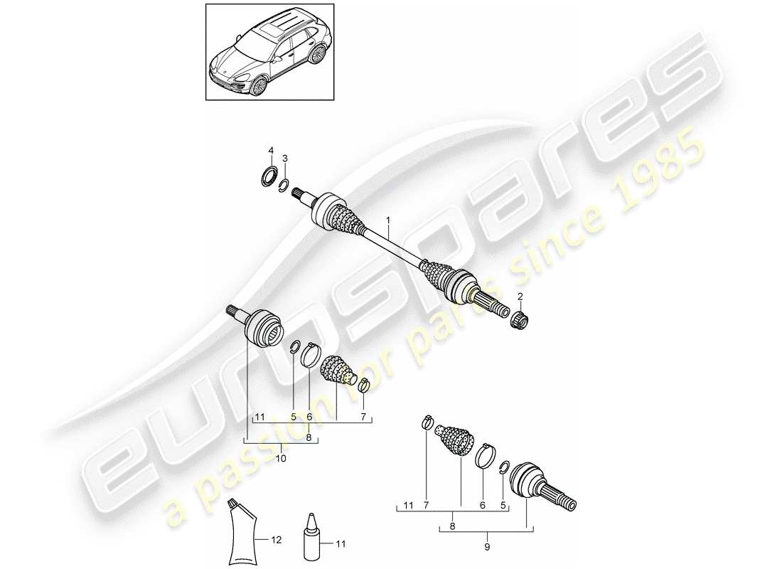 porsche 2012 (cayenne e2 92a) eje de accionamiento diagrama de piezas