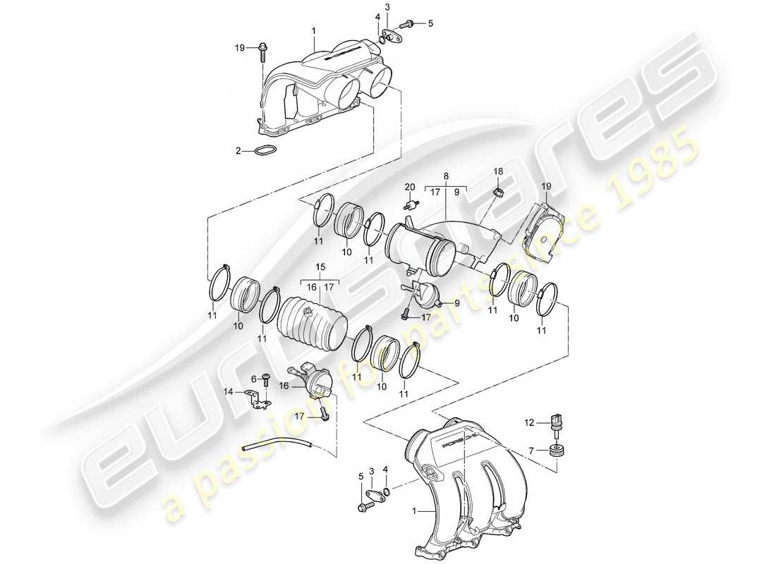 porsche 2005 (987 boxster) diagrama de piezas del distribuidor de aire de admisión