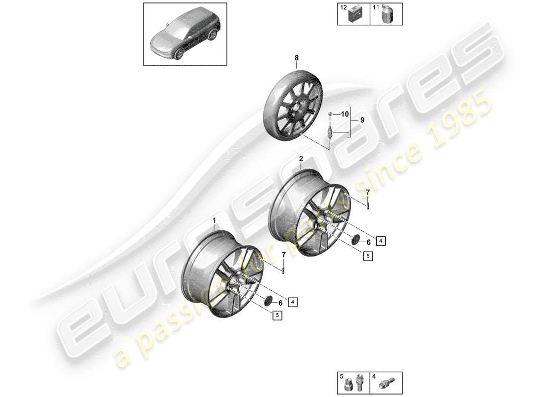 porsche 2019 (cayenne e3 9ya/9yb) diagrama de piezas de la rueda de aleación
