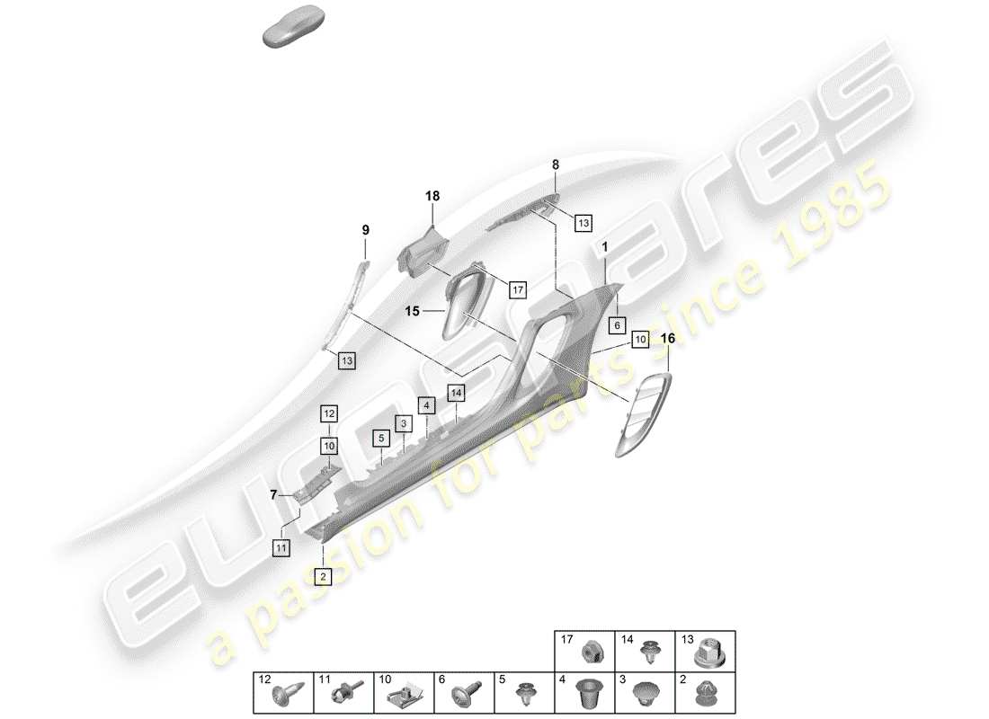 porsche 2019 (718 boxster spyder) moldura de larguero diagrama de piezas