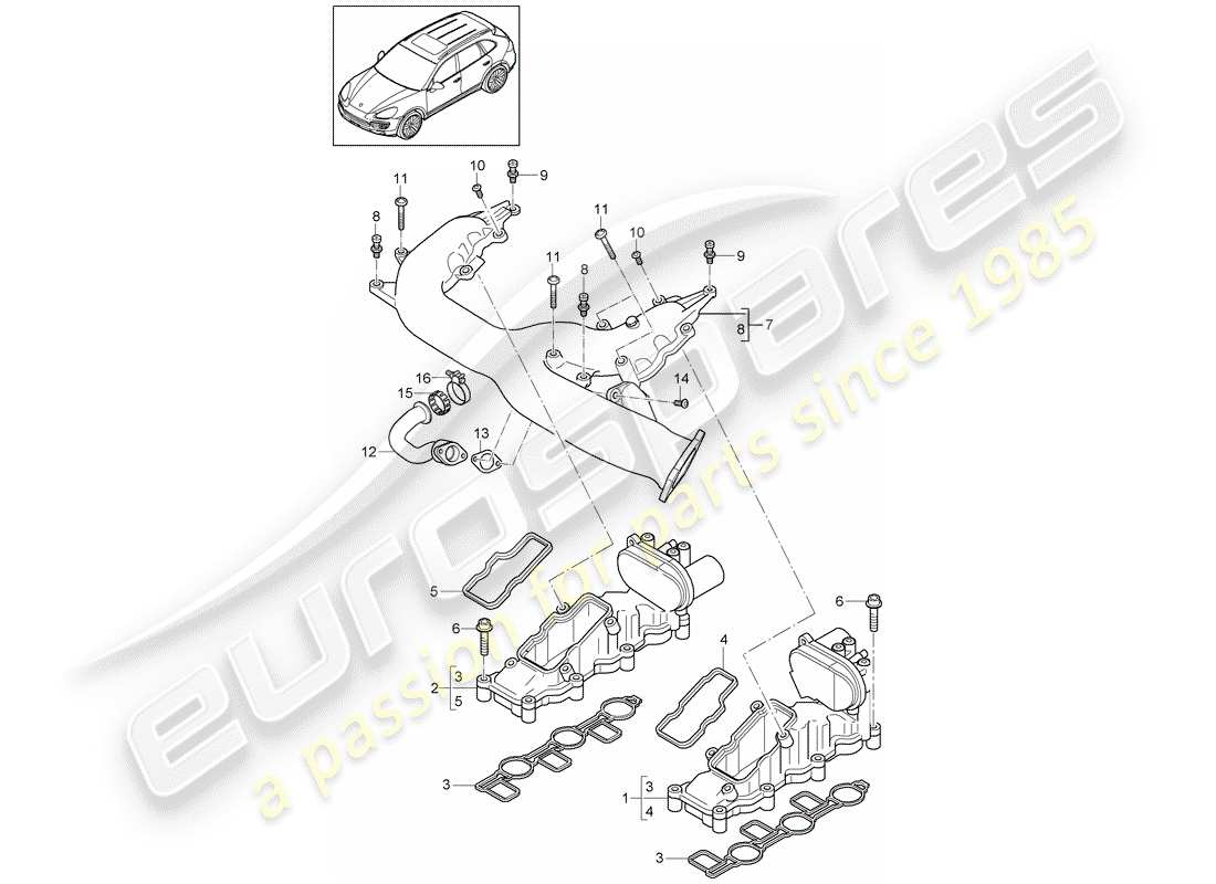 porsche 2018 (cayenne e2 92a) colector de admisión diagrama de piezas