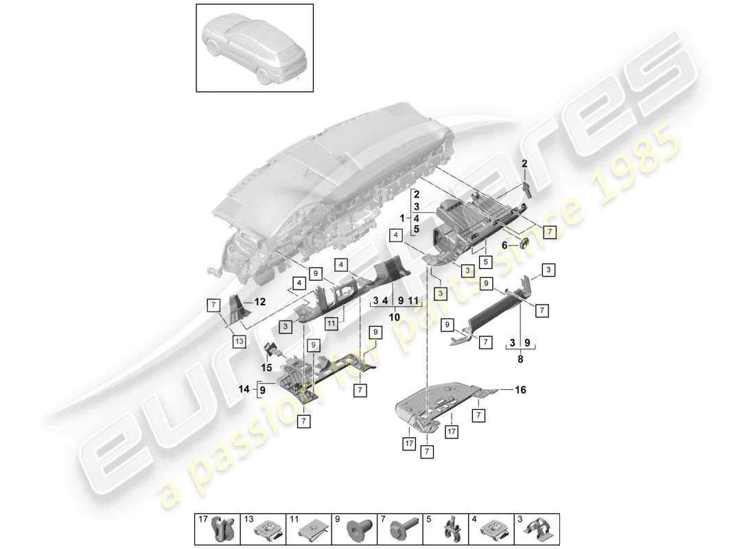 porsche 2020 (cayenne e3 9ya/9yb) moldura del panel de instrumentos diagrama de piezas