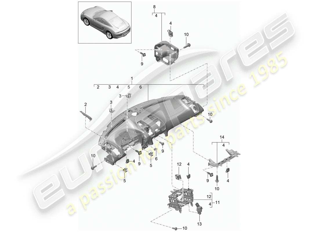 porsche 2014 (981 cayman) moldura del panel de instrumentos diagrama de piezas