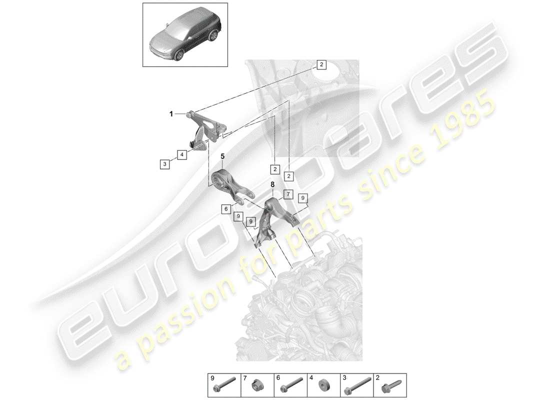 porsche 2019 (cayenne e3 9ya/9yb) dispositivo de elevación del motor diagrama de piezas