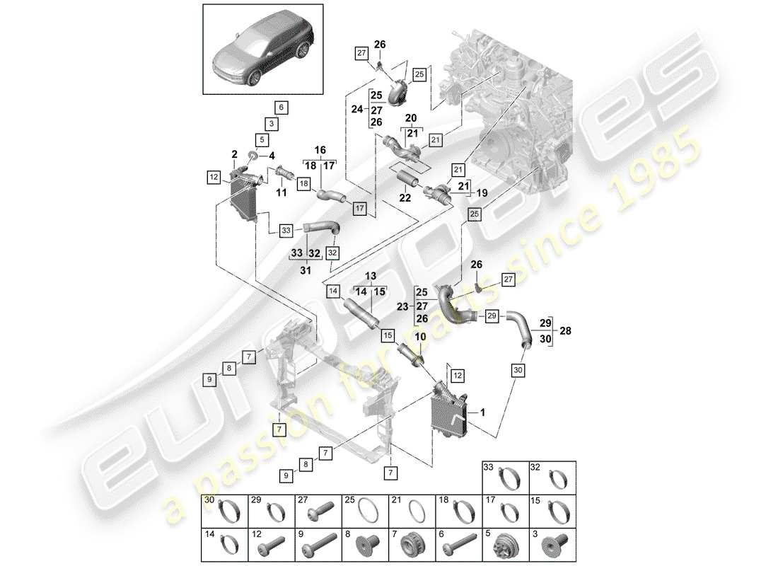 porsche 2020 (cayenne e3 9ya/9yb) diagrama de piezas del enfriador de aire de carga