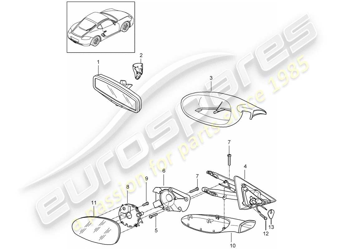 porsche 2012 (987 cayman) espejo retrovisor interior diagrama de piezas