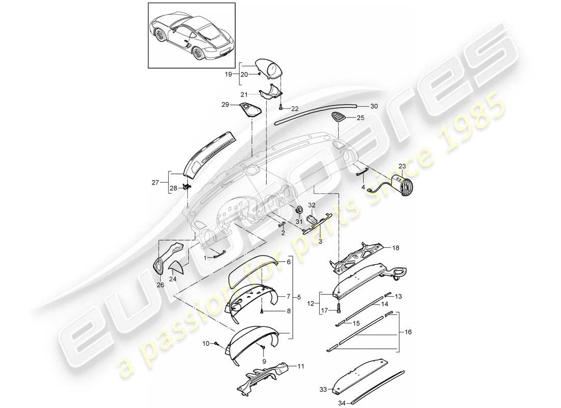 porsche 2012 (987 cayman) moldura del panel de instrumentos diagrama de piezas