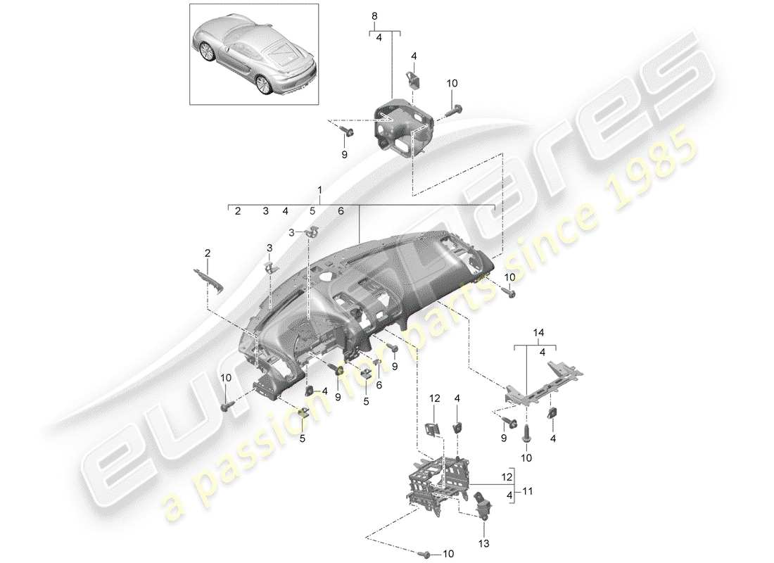porsche 2016 (981 cayman gt4) moldura del panel de instrumentos diagrama de piezas