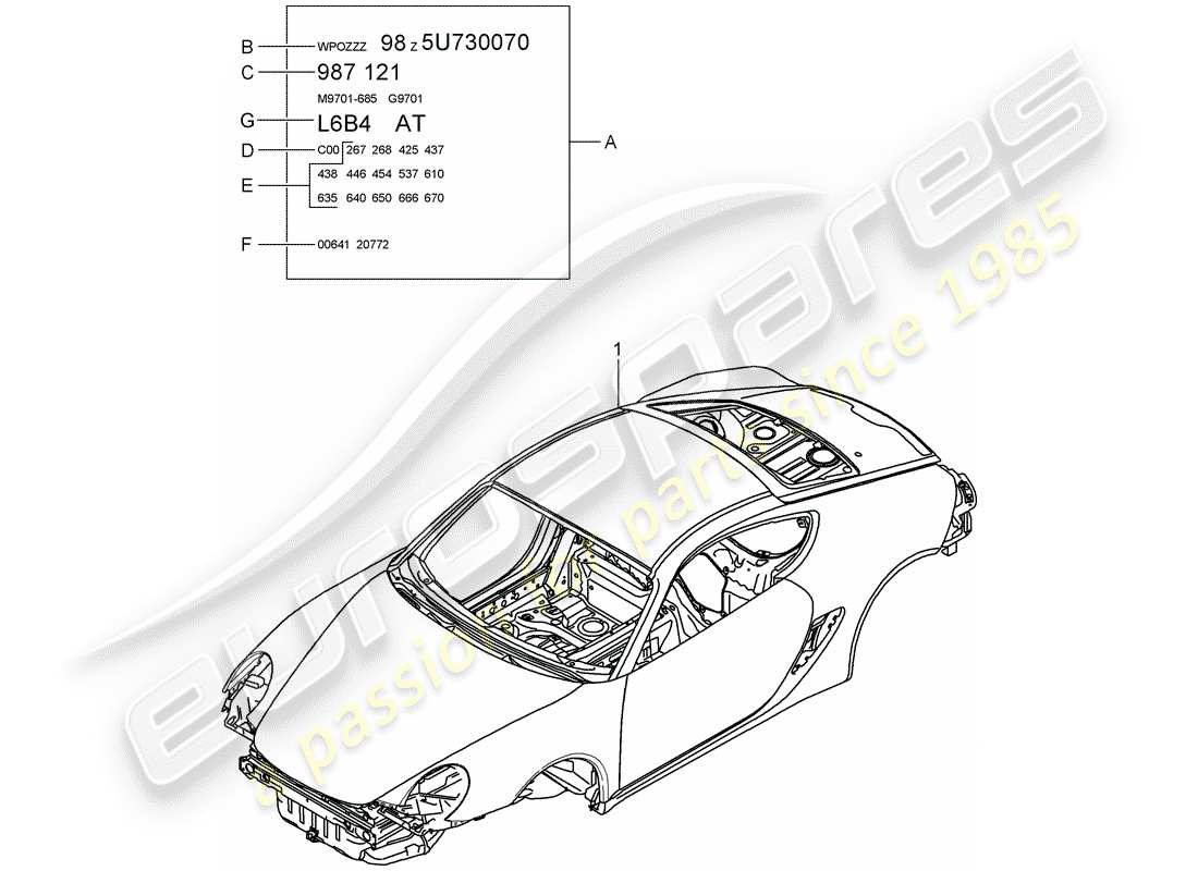 porsche cayman 987 (2009) diagrama de piezas de la carrocería del coche