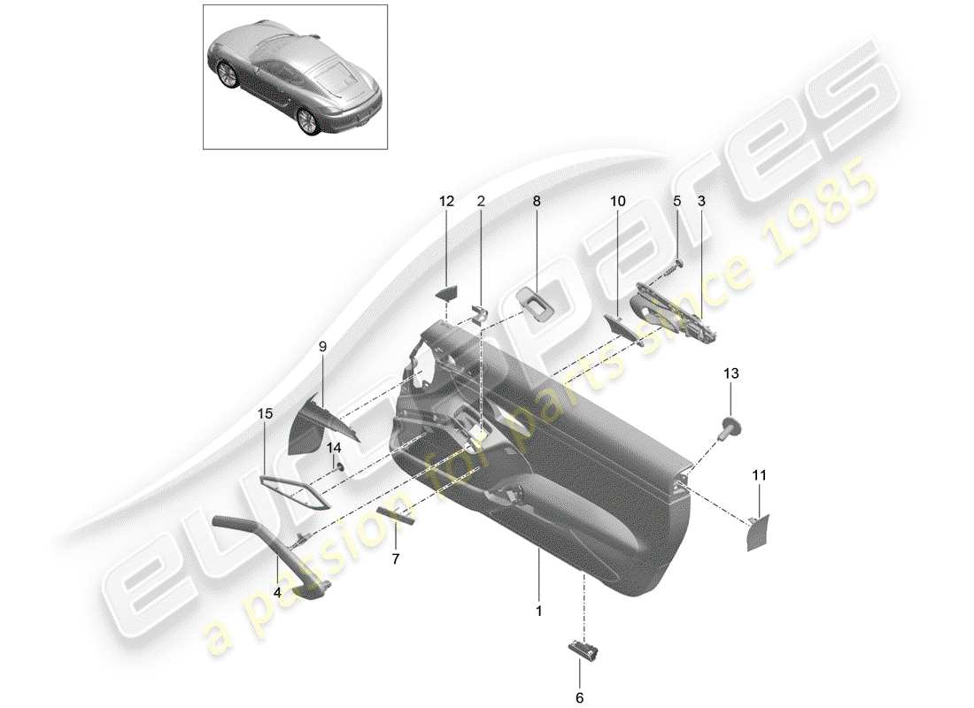 porsche 2014 (981 cayman) diagrama de piezas del panel de puerta