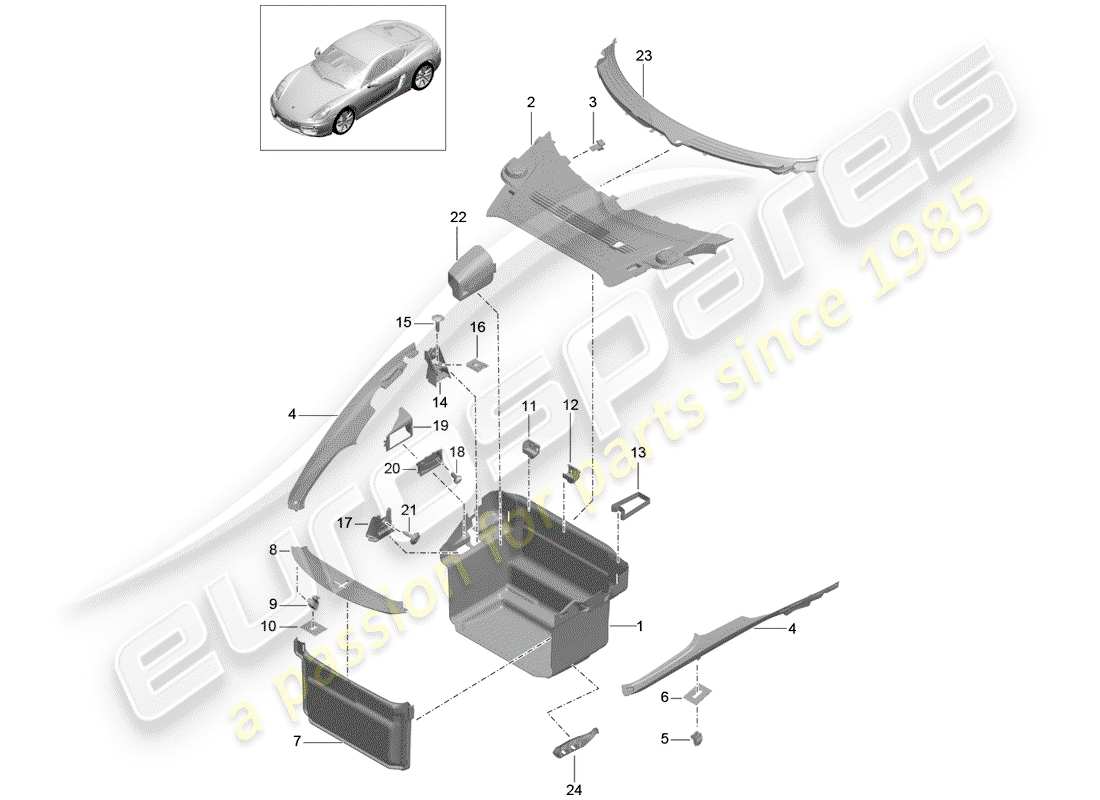 porsche 2014 (981 cayman) compartimiento de equipaje diagrama de piezas