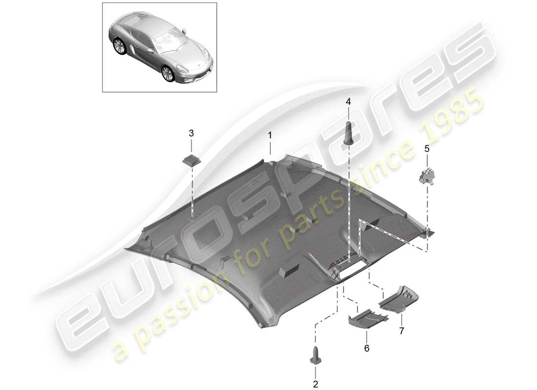 porsche 2014 (981 cayman) diagrama de piezas del panel de acabado del techo