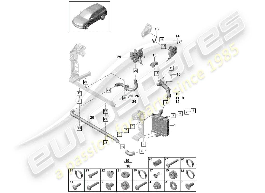 porsche 2020 (cayenne e3 9ya/9yb) enfriador de aire de carga diagrama de piezas