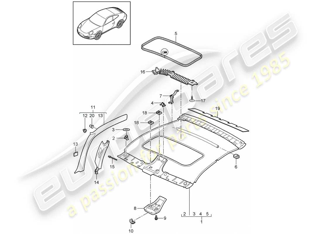 porsche 2011 (997-2 turbo / gt2 rs) panel de adorno de techo diagrama de piezas