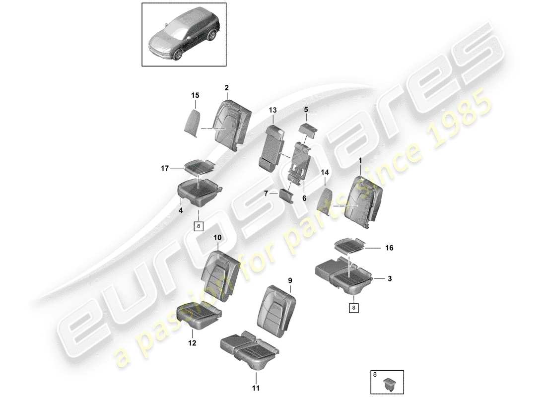 porsche 2018 (cayenne e3 9ya/9yb) asiento diagrama de piezas