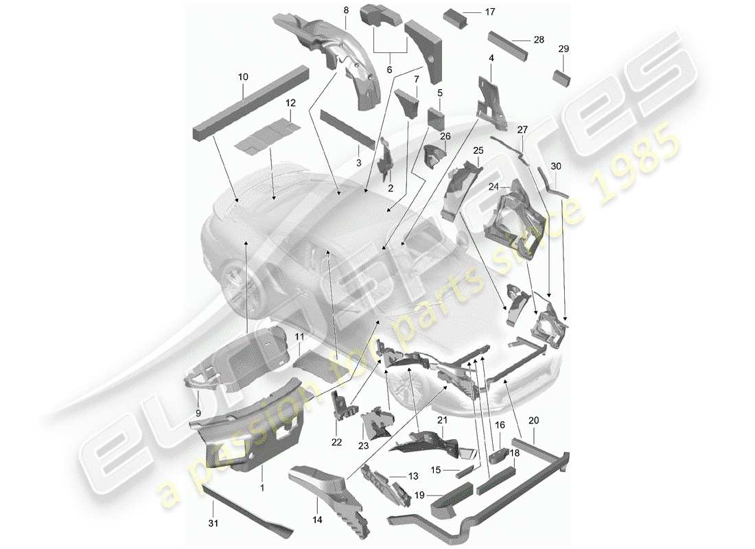 porsche 991 t/gt2rs diagrama de piezas de la carcasa del cuerpo