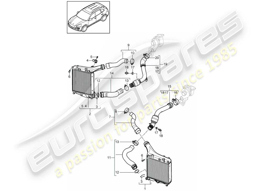 porsche cayenne e2 (2017) diagrama de piezas del enfriador de aire de carga