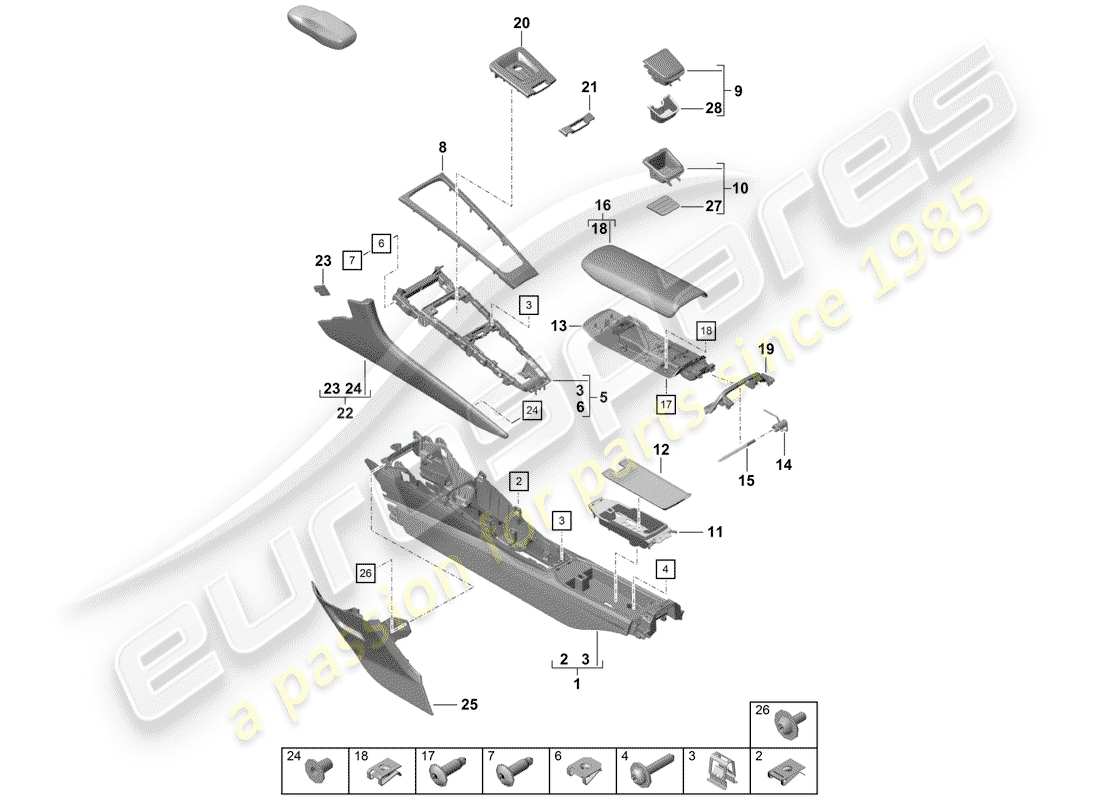 porsche boxster spyder (2019) center console diagrama de piezas