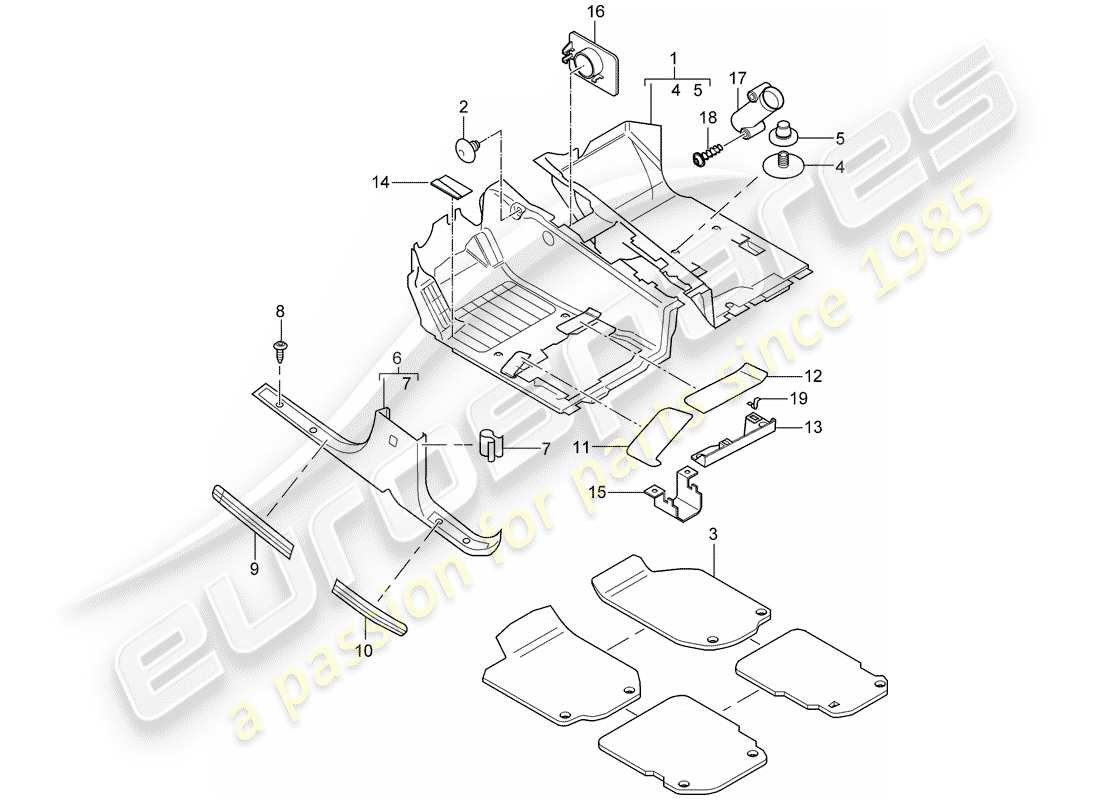 porsche 2003 (cayenne e1 9pa) diagrama de piezas de la cubierta del piso