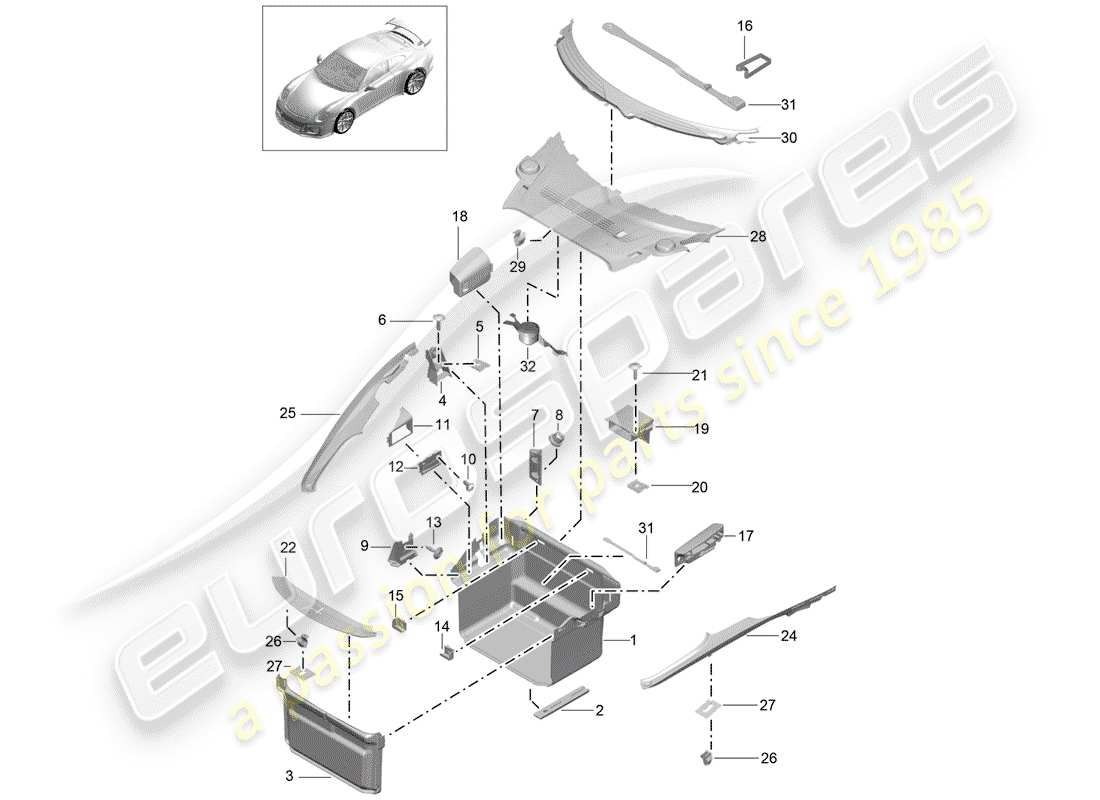porsche 2020 (991-2 r/gt3/rs) forro de bota diagrama de piezas