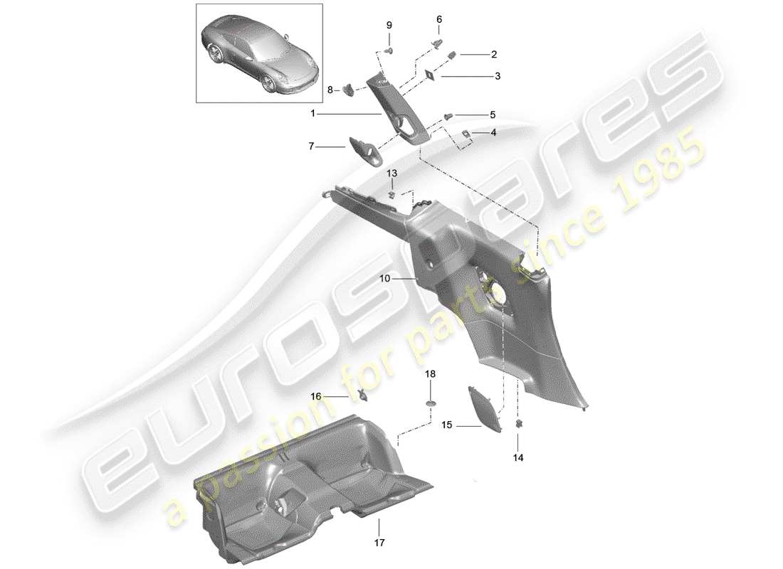 porsche 2014 (991-1) diagrama de piezas del panel de acabado cuarto