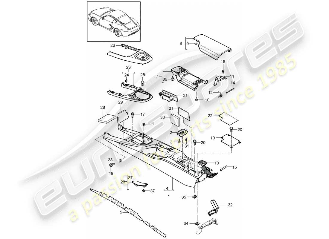 porsche 2012 (987 cayman) center console diagrama de piezas