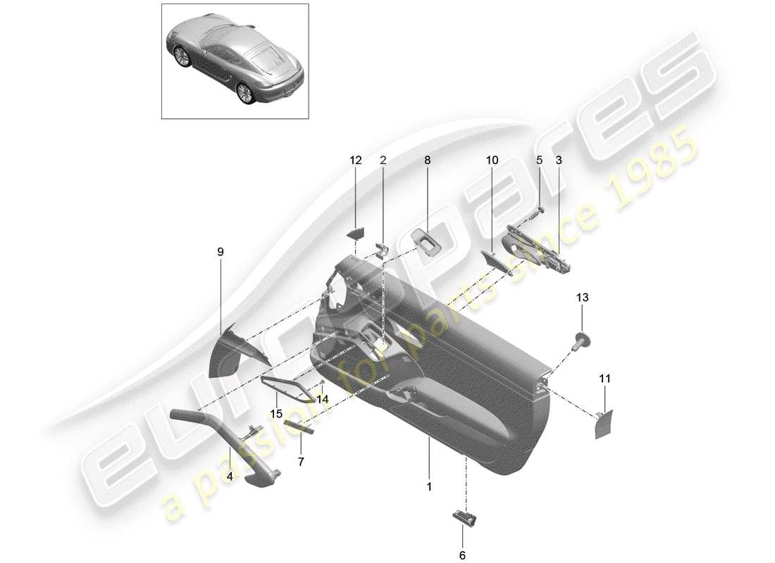 porsche 2015 (981 cayman) diagrama de piezas del panel de puerta