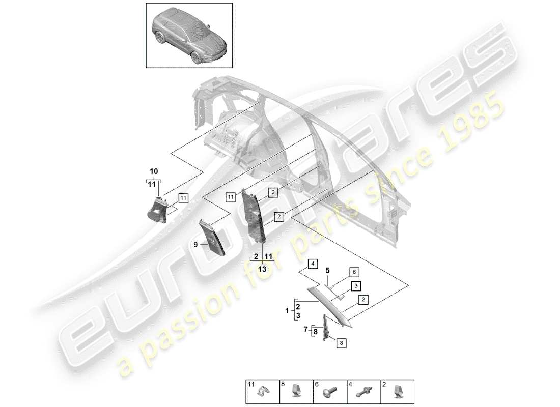 porsche 2020 (cayenne e3 9ya/9yb) diagrama de piezas del revestimiento