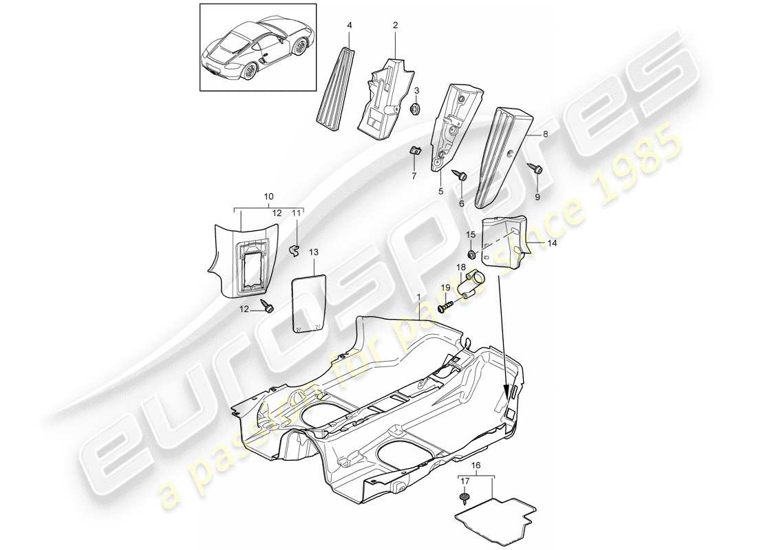 porsche 2010 (987 cayman) equipamiento interior diagrama de piezas