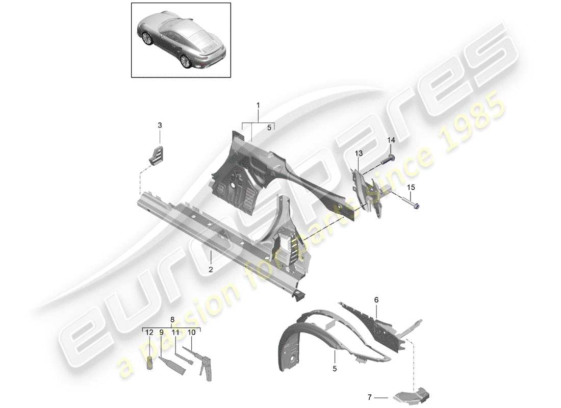porsche 991 turbo (2020) diagrama de piezas del panel lateral