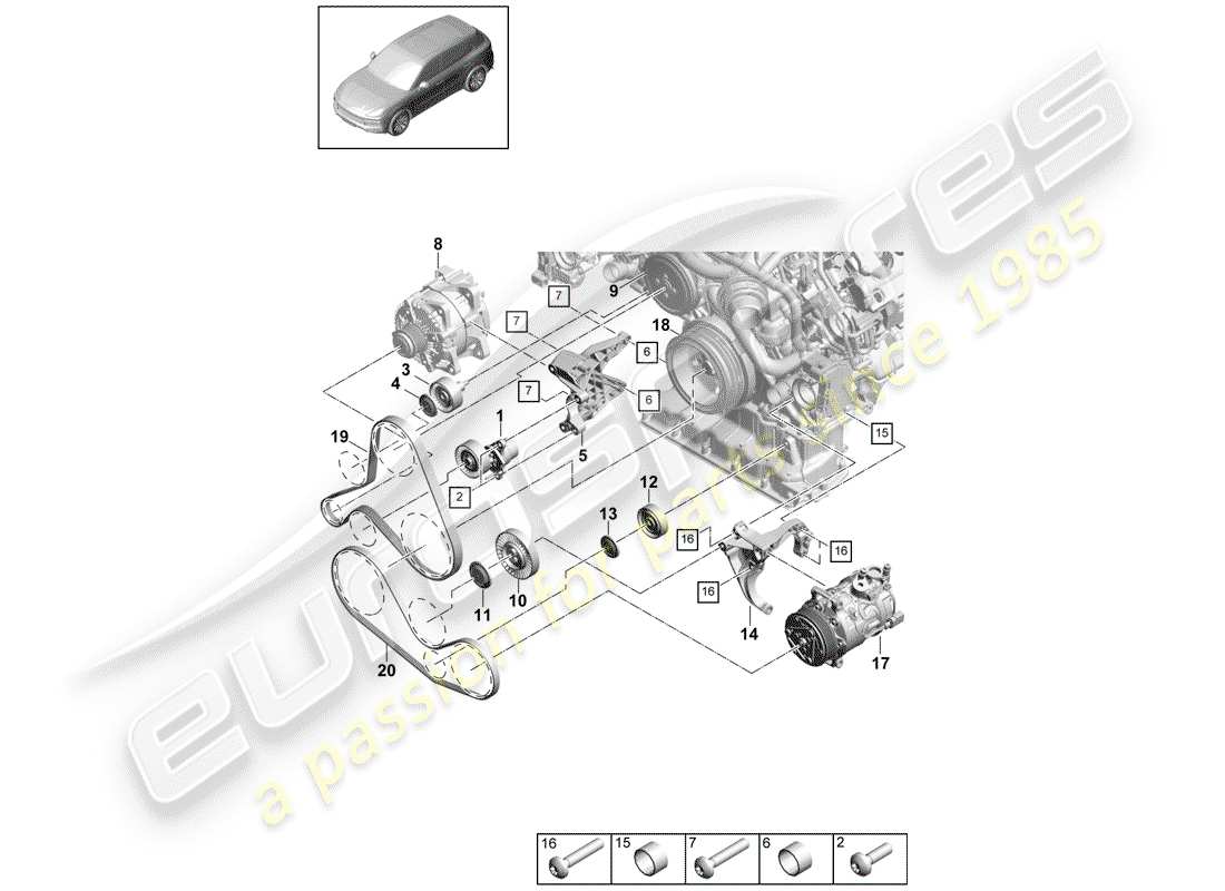 porsche 2020 (cayenne e3 9ya/9yb) cinturón acanalado en v diagrama de piezas