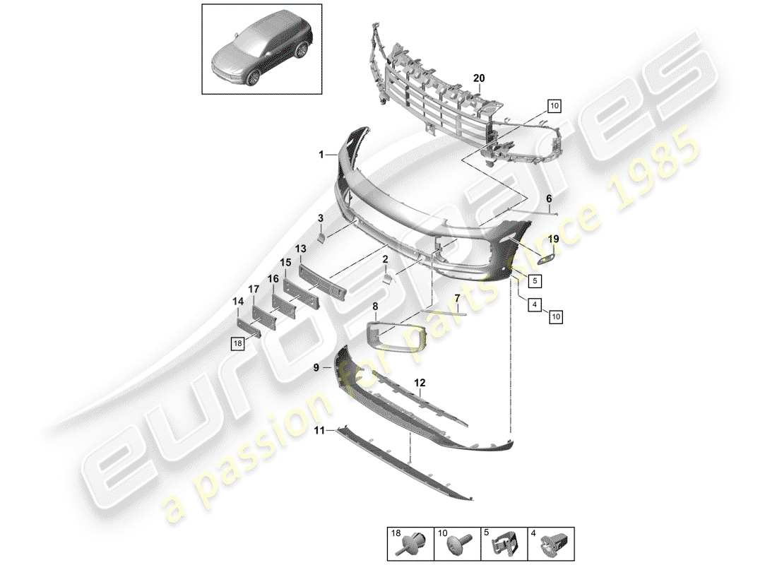 porsche 2020 (cayenne e3 9ya/9yb) diagrama de piezas del parachoques