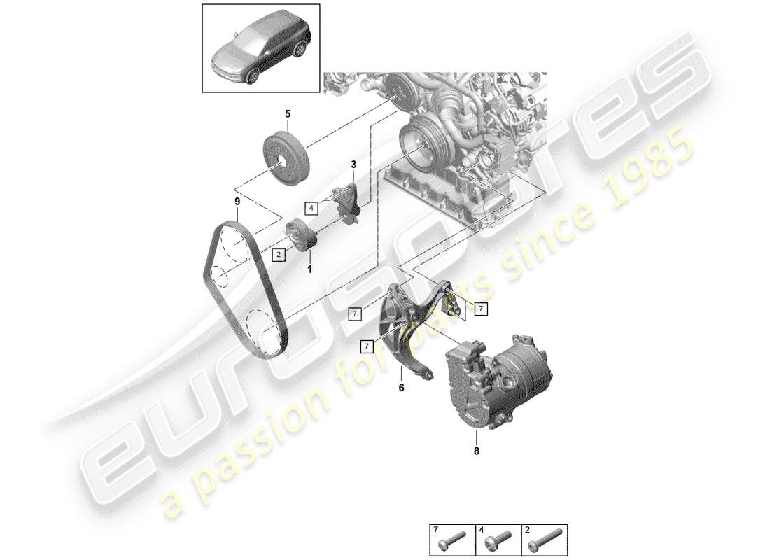 porsche 2020 (cayenne e3 9ya/9yb) diagrama de piezas de la correa acanalada en v