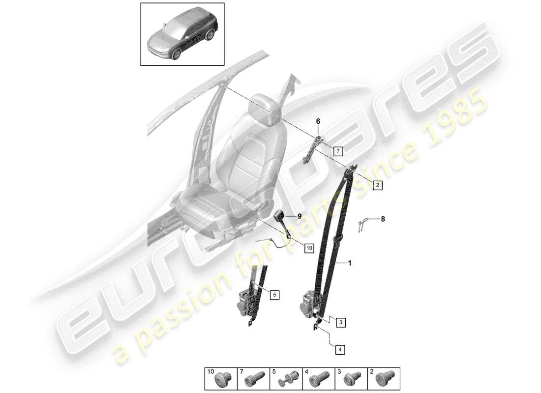 porsche 2020 (cayenne e3 9ya/9yb) cinturón de seguridad de tres puntos diagrama de piezas