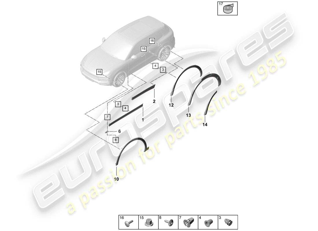 porsche 2020 (cayenne e3 9ya/9yb) diagrama de piezas de la tapa del paso de rueda