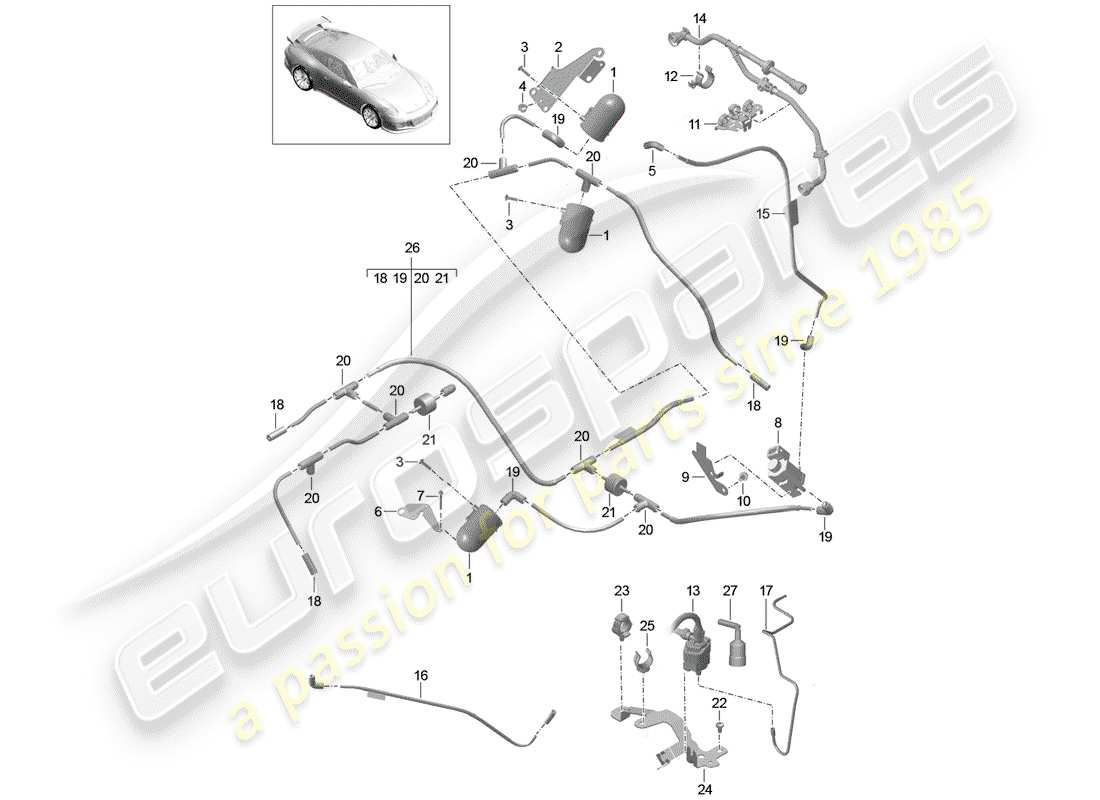porsche 2020 (991-2 r/gt3/rs) sistema de vacío diagrama de piezas