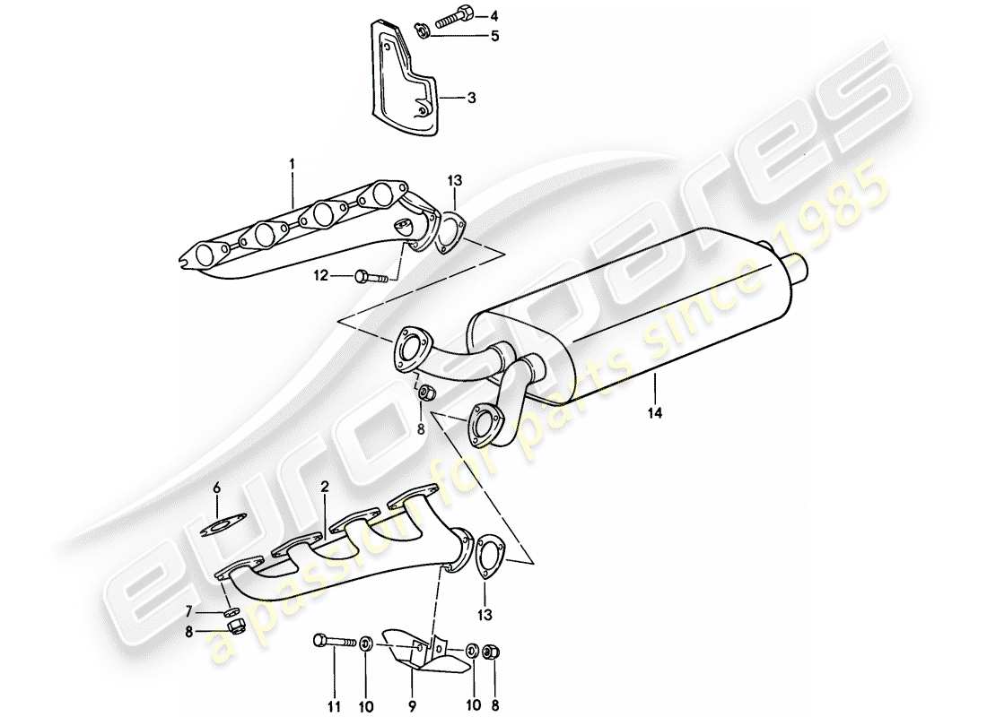 porsche 1986 (928) sistema de escape - silenciador de escape, delantero diagrama de piezas